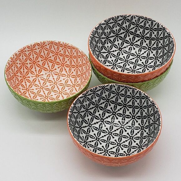 Now Designs Stamped Green/Orange and Orange/Black Porcelain 4pc Rice Bowl Set - Picture 10 of 13